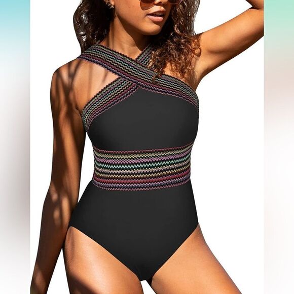Hilor women's One Piece Swimsuits Front Crossover Swimwear Hollow Bathing Suit - Picture 1 of 9